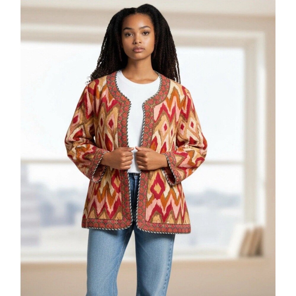 Sundance Womens M Amara Jacket Orange Geometric Print 100% Cotton Reversible - Picture 2 of 13